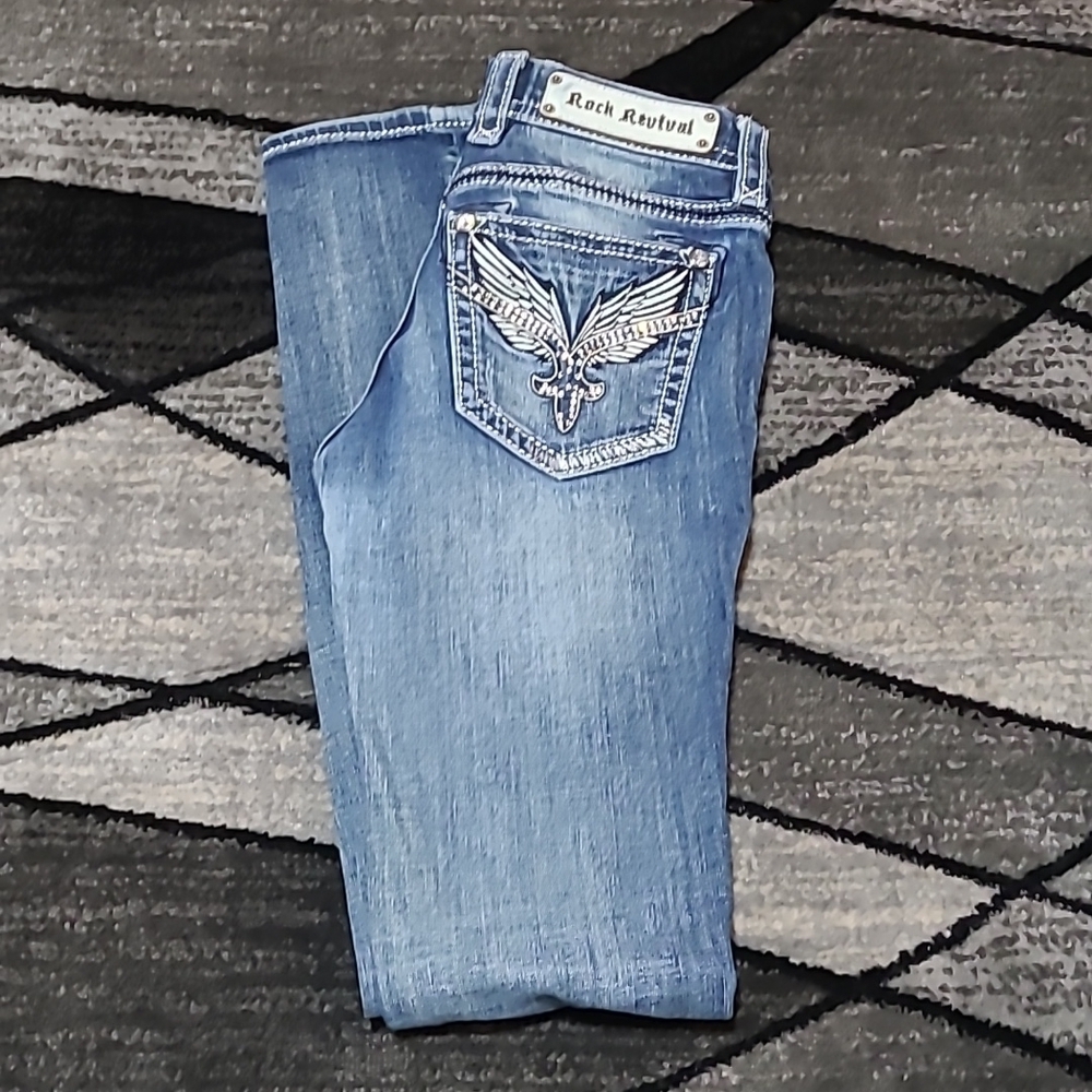 ROCK REVIVAL LUCILLE EMBROIDERED ANGEL WINGS RHINESTONES SKINNY DENIM JE…